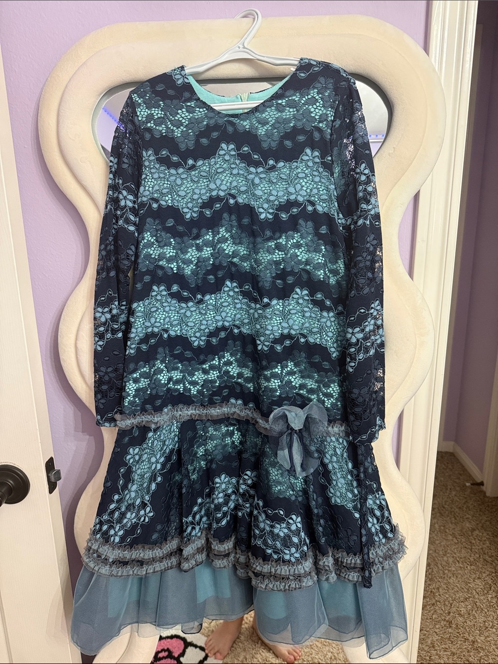 Girls Navy and Teal Lace Party Dress with Bow Accent and Matching Headband